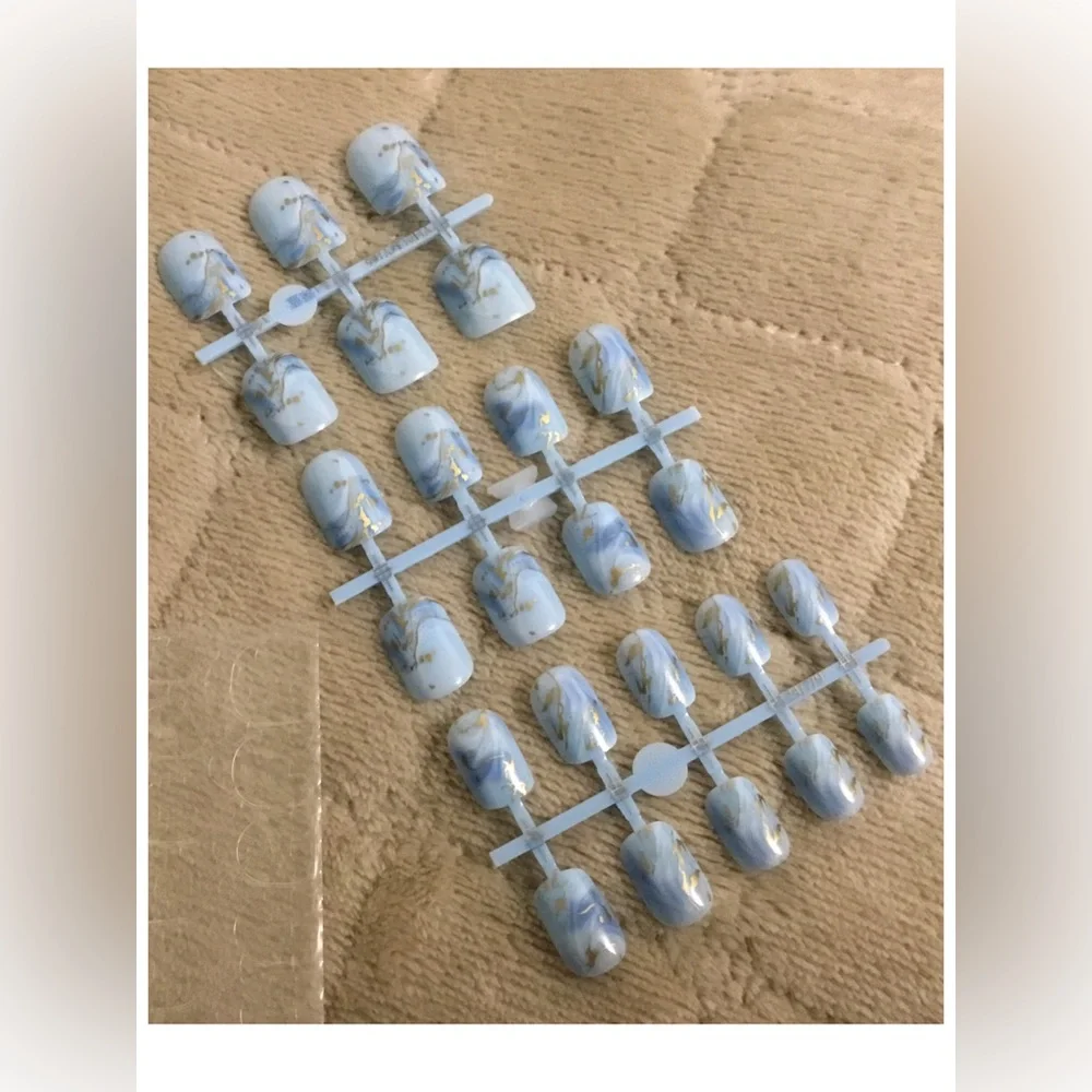 $3🔥 Short Square Blue Gold Press-On Nails